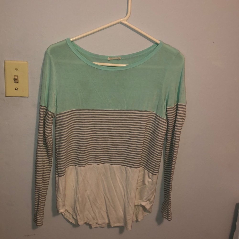 mint and gray striped long sleeve shirt
